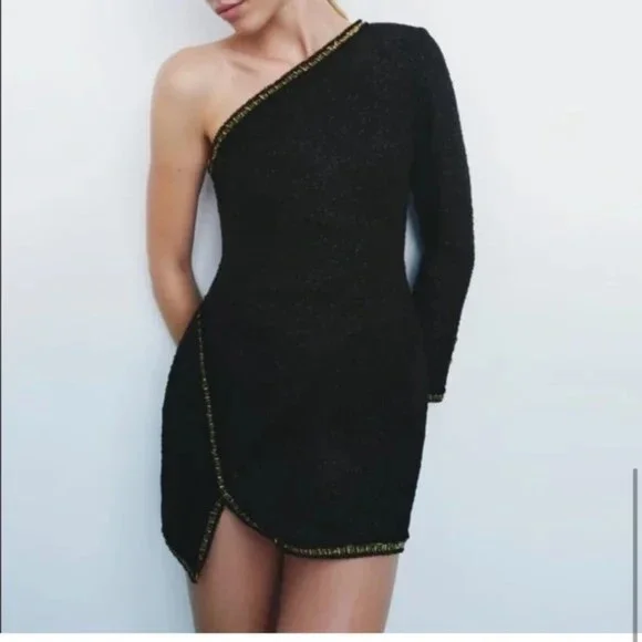 Zara | Dresses | Zara Asymmetric Textured Mini Dress Gold Buttons Black Xs 